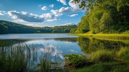 Peaceful lakeside with clear blue sky