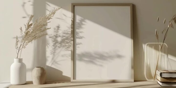 Video mockup of black canvas or picture frame for small poster in shelf in white minimalistic interior. With warm sunny light