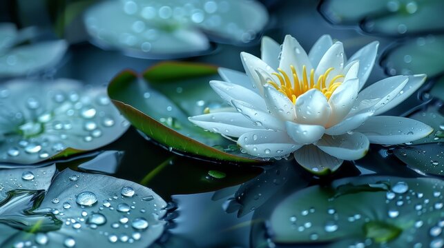  A white water lily with dewdrops on its leaves and water droplets on its surface