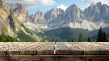 Empty wooden table with a panoramic view of the dolomite mountains in the background. Copy space. Generative AI