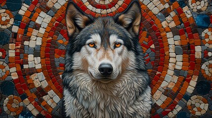   Up-close dog face on red circular backdrop within mosaic tile wall