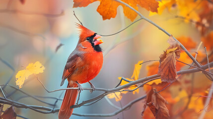 Exquisite Vocabulary of Ohio: The Majestic Northern Cardinal Amidst the Buckeye branches - obrazy, fototapety, plakaty