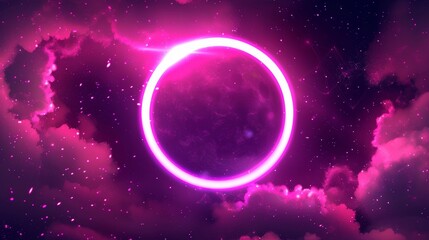 The neon optical halo flares are illuminated with a light glow modern effect. An abstract shape with 3D shines surrounds the circle energy flare glow. A beautiful pink sphere twist element is - obrazy, fototapety, plakaty