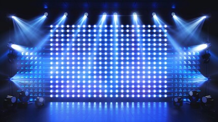 Modern illustration of a large LCD display grid with glowing blue and white dots. Show background, club decoration, concert hall background.
