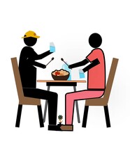 Two people are sitting at a table with a bowl of food in front of them