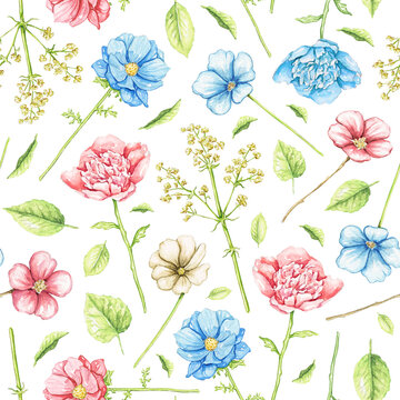 Seamless pattern with blue and pink flowers isolated on white background. Watercolor hand drawn illustration