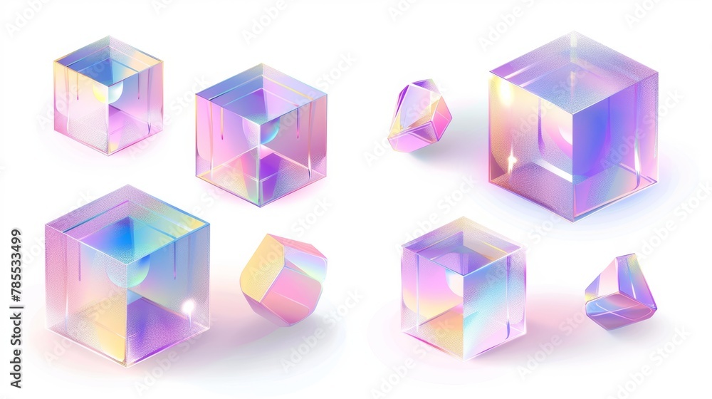 Poster crystal light holographic cube modern isolated icon. realistic geometric translucent block shape set