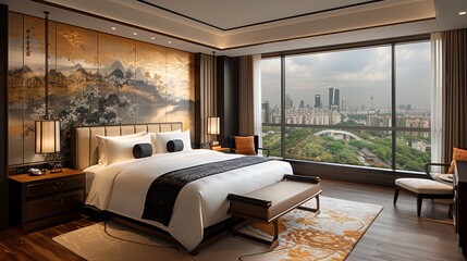   A bedroom featuring a large painting on the wall, a spacious bed in front of a generously-sized window, offering a panoramic view of the city
