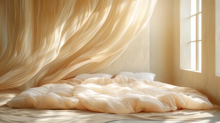   A bed, dressed in a white comforter, faces a window The curtains are drawn across it - obrazy, fototapety, plakaty