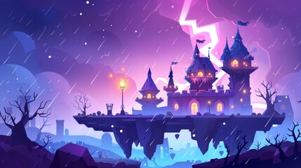 A cartoon rain game background with a fantasy castle. A scary halloween landscape with thunderstorm and lightning above floating rocks in the sky. A creepy Magic Dracula Chateau with tower.