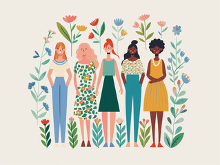Fototapeta premium Flat illustration of women standing together, celebrating diversity and unity in different culture. 