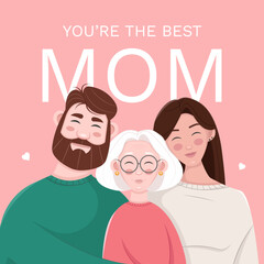 Mother's day greeting card. Happy woman with her adult son and daughter. Square vector Illustration for social media post in flat style.
