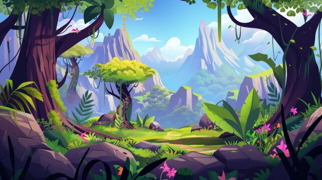 Forest landscape cartoon illustration with old trees, tropical plants, green moss, and flowers in mountain valley, woodland footpath.