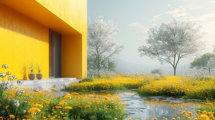   A yellow building is depicted with a foreground pond, while a yellow flower field surrounds it