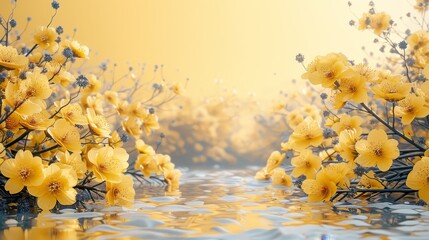   Yellow flowers dot the surface of two adjacent bodies of water