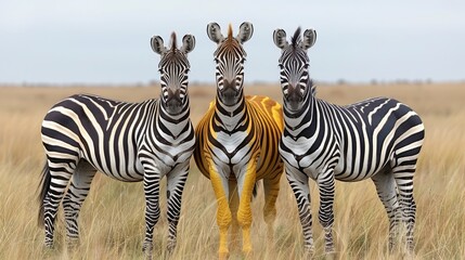 Fototapeta premium Three zebras stand near each other in a field of tall grass A blue sky stretches behind them