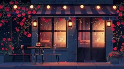 Night street restaurant scene with open cafeteria lights near roses on table. City cafe or bar building facade with light. - obrazy, fototapety, plakaty
