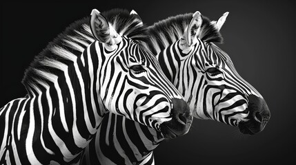   A pair of zebras standing next to one another against a black-and-white backdrop