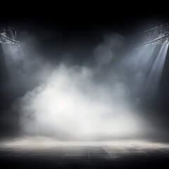 White stage background, white spotlight light effects, dark atmosphere, smoke and mist, simple stage background, stage lighting