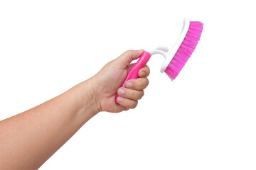 Plastic clothes hand brush in hand isolated on white background.