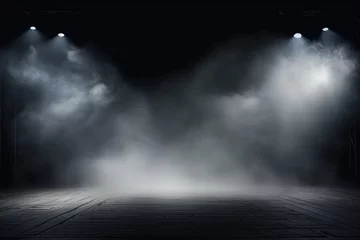 Fototapeten White stage background, white spotlight light effects, dark atmosphere, smoke and mist, simple stage background, stage lighting © GalleryGlider