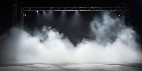 White stage background, white spotlight light effects, dark atmosphere, smoke and mist, simple stage background, stage lighting