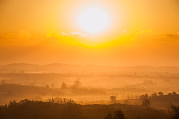 Sunrise with hill and land of Pak Chong, famous attraction in Nakhon Ratchasima Province, Northeast of Thailand
