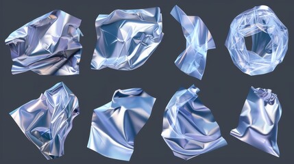 A set of crumpled pieces of polyethylene wrap isolated on a transparent background. Modern illustration of a glossy polyethylene bag, stretch film texture with an uneven surface, overlay effect.