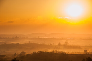 Spectacular landscape with sunrise scene in Pak Chong, famous attraction in Nakhon Ratchasima Province, Northeast of Thailand