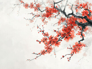 Beautiful Red Cherry Blossom Tree Painting on White Background with Copy Space for Text and Design Elements