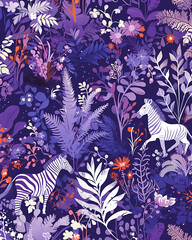 A purple pattern with small zebra and a very limited amount of palm leaves and flowers . There...