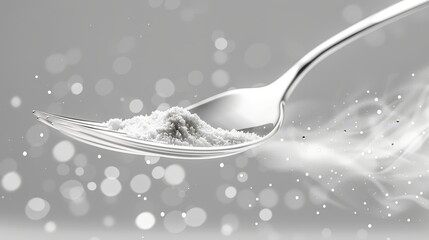   A spoon holding a scoop of sugar and powder against a gray backdrop, surrounded by a soft, blurred halo of light - obrazy, fototapety, plakaty