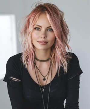 Woman with pink hair posing for picture