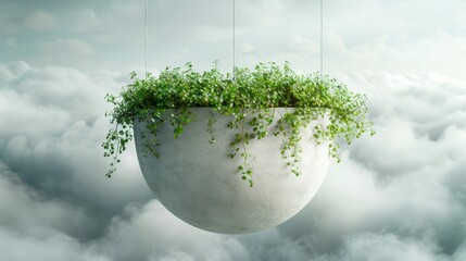   A plant in a hanging planter, suspended against a backdrop of cloud-filled sky, with a securing string attached - obrazy, fototapety, plakaty