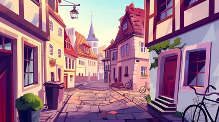 In the medieval germany town street modern landscape, there are buildings and a bicycle alongside a road. This illustration shows an old german european city exterior cartoon with staircases and a - obrazy, fototapety, plakaty
