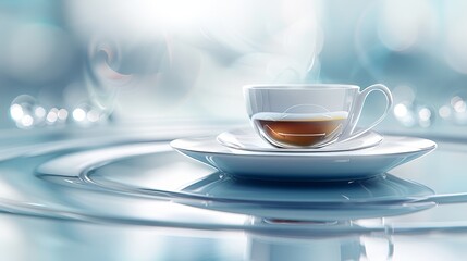   A cup of tea on a saucer atop a table - obrazy, fototapety, plakaty
