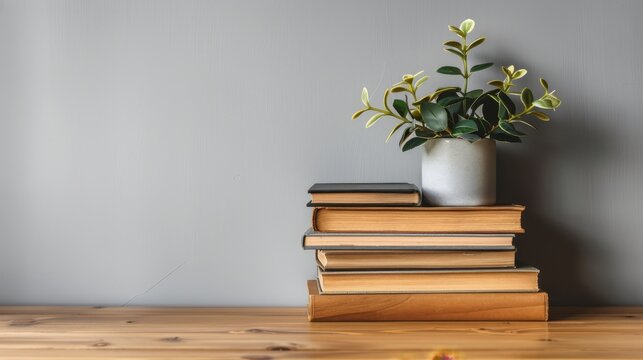   A potted plant atop books on a wooden floor, against a gray wall