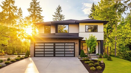 Modern house with large garage door in the woods