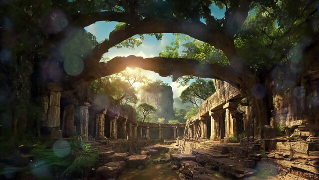 Ancient courtyard ruins in jungle - wide shot