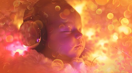 A fetus in the womb wears headphones, bathed in a soft, ambient glow, while the mother's soothing voice fills the amniotic sac, creating a harmonious environment for growth 01 - obrazy, fototapety, plakaty