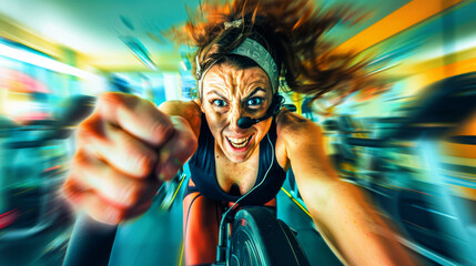 Dynamic Fitness Instructor Leading Intense Cycling Class