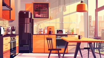 A modern apartment kitchen with orange household appliances, wooden table, morning cityscape view in the window, and an interior of a modern apartment. Modern cartoon illustration.