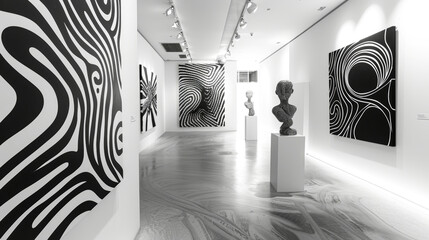 Modern Art Gallery Exhibition with Abstract Black and White Artworks