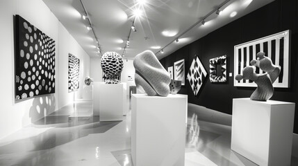 Modern Art Gallery Exhibition with Monochrome Sculptures and Artworks