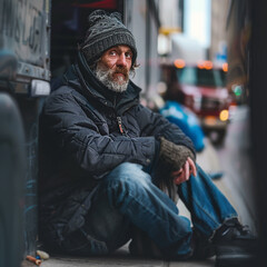 Charismatic homeless man sitting outdoors on the asphalt.Portreit.