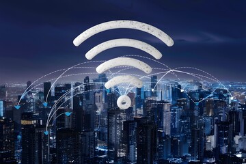 Global high speed wireless internet wifi connection, facilitating seamless communication and connectivity - obrazy, fototapety, plakaty