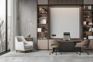 Stylish ceo interior desk with armchairs and shelf with window. Mockup frame - obrazy, fototapety, plakaty