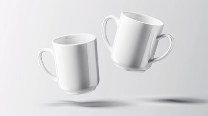   Two pristine white coffee mugs suspended in mid-air against a pure white backdrop A faint shadow graces the floor beneath them