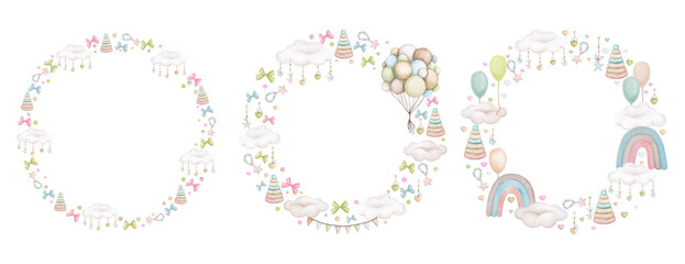 Set of round frames for baby in pastel colors. Watercolor wreath, backdrop for birthday, gender party, baby shower, children's party. Greeting card, invitations in boho style. Children's toys..
