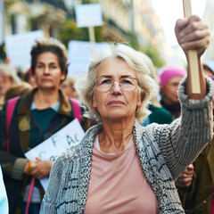A group of older women protest at a rally.Women's manifesto.